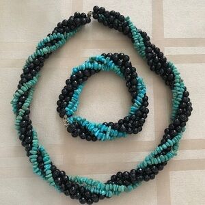 14k Turquoise Black Jet Bracelet Necklace Set